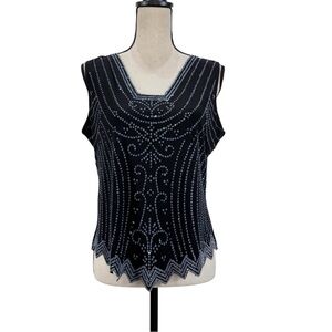 Black Beaded Embellished Tank Top Petite XL Sleeveless Women’s Evening Blouse